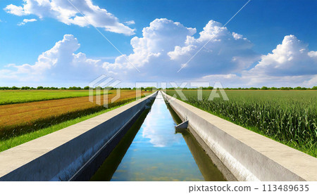 Small Concrete Irrigation Canal in a Rural Scene - Generative Ai 113489635