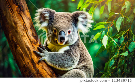 Beautiful Koala Looking at Camera while Climbing a Eucalyptus Tree Trunk - Generative Ai 113489715