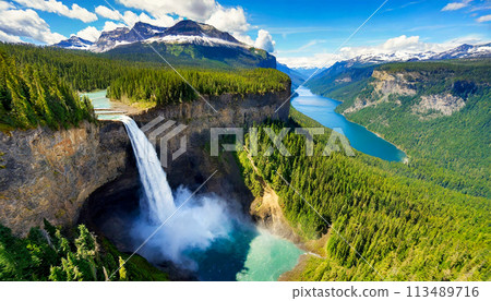 Beautiful Large Waterfall in Mountain in a Green Forest - Generative Ai 113489716