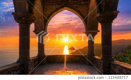 Beautiful Sunset Over the Sea Seen Through an Old Porch - Generative Ai 113489717