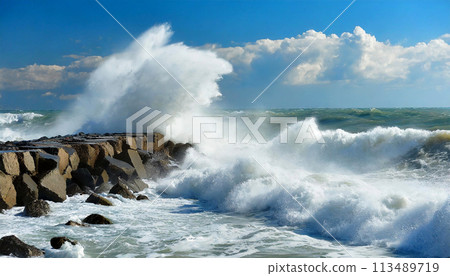 Breakwater - Large White Waves of the Sea Break on the Rocks - Generative Ai 113489719