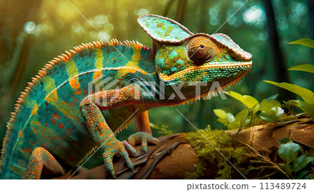 Closeup of a Colorful Panther Chameleon in a Dark Forest - Generative Ai 113489724