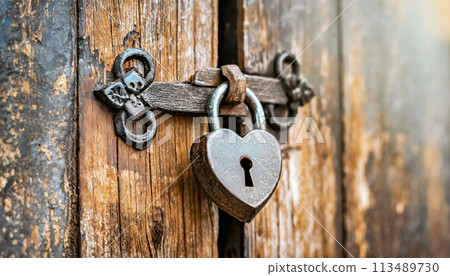 Wooden Door with Wrought Iron Latch and Heart-shaped Padlock - Generative Ai Wooden Door with Wrought Iron Latch and Heart-shaped Padlock - Generative Ai 113489730