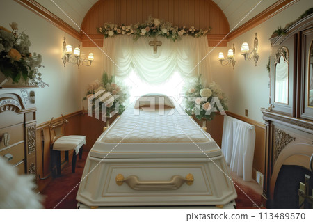 At funeral ceremony service, coffin containing body of deceased is placed in chapel of remembrance AI Generative 113489870
