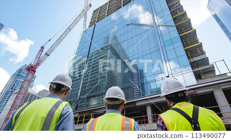 Group of Men Standing in Front of Tall Building 113490077