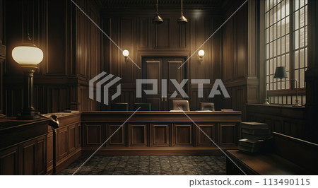 Dark Room With Desk and Lamp 113490115