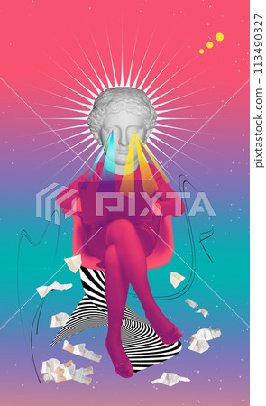 Creative art design of minded positive person think use netbook for chatting people isolated on drawing background. 113490327