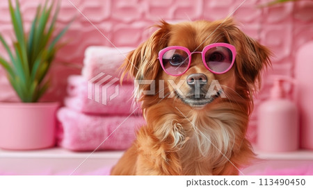 Brown Dog Wearing Pink Sunglasses on Bed 113490450
