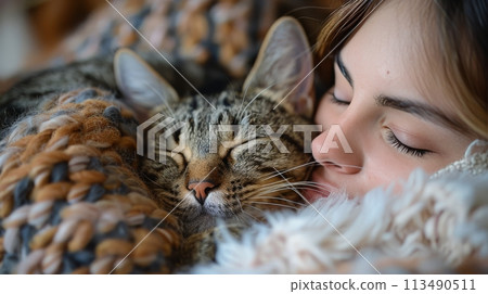 Woman Sleeping With Cat on Lap 113490511