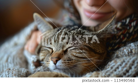 Woman Sleeping With Cat on Lap 113490568