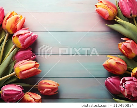 Beautiful tulips on light blue wooden background, top view. Space for text 113490854