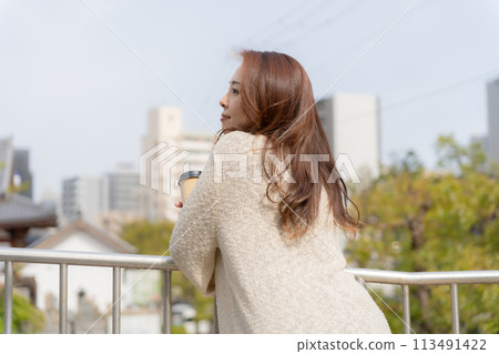 A woman standing on the roof 113491422