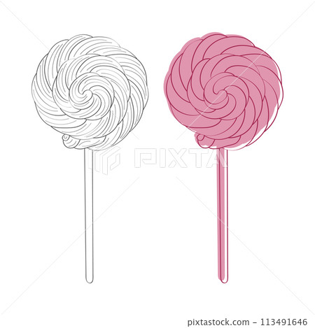 Two colorful lollipops are placed on a clean white background. The lollipops are vibrant and eye-catching, creating a simple yet visually appealing composition 113491646