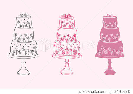 Three elaborately decorated tiered cakes are placed on a table, showcasing different designs and flavors. The cakes are carefully crafted with layers of frosting and intricate details 113491658