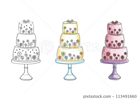 A drawing featuring three distinct types of cakes, each showcasing unique designs and decorations. The cakes vary in size, shape, and toppings, highlighting the diversity in cake making A drawing featuring three distinct types of cakes, each showcasing unique designs and decorations. The cakes vary in size, shape, and toppings, highlighting the diversity in cake making 113491660