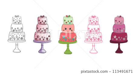 A display of different colored cakes stacked on top of each other in a neat row. Each cake showcases a vibrant hue and is neatly arranged to create a striking visual composition A display of different colored cakes stacked on top of each other in a neat row. Each cake showcases a vibrant hue and is neatly arranged to create a striking visual composition 113491671
