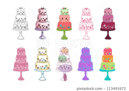A variety of differently colored cakes is arranged neatly on a plain white background. Each cake is unique in color and design, creating a vibrant and visually appealing display 113491672