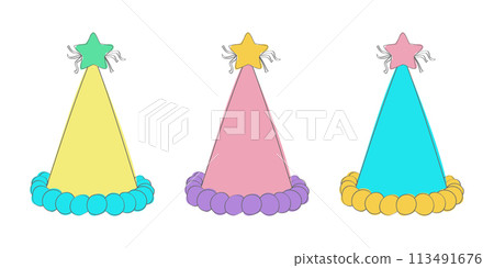 Three colorful party hats with star-shaped toppers. The hats are ready for a festive celebration and are decorated with vibrant colors 113491676