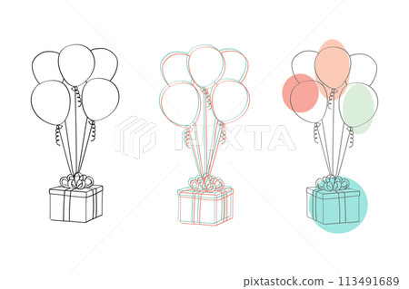 A bunch of vibrant balloons is clustered around gift boxes, creating a festive and celebratory scene A bunch of vibrant balloons is clustered around gift boxes, creating a festive and celebratory scene 113491689