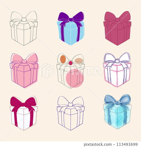 A collection of various colored boxes, each adorned with a festive bow on top. The boxes are arranged together, showcasing a mix of vibrant hues and different sizes 113491699