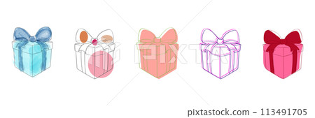 A collection of five boxes adorned with colorful bows, arranged neatly. The boxes vary in size and color, each with a unique bow on top, creating a visually appealing display A collection of five boxes adorned with colorful bows, arranged neatly. The boxes vary in size and color, each with a unique bow on top, creating a visually appealing display 113491705