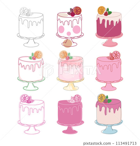 Various types of cakes are arranged neatly on a white background. Each cake differs in flavor, decoration, and size, creating an appealing display of delicious treats Various types of cakes are arranged neatly on a white background. Each cake differs in flavor, decoration, and size, creating an appealing display of delicious treats 113491713
