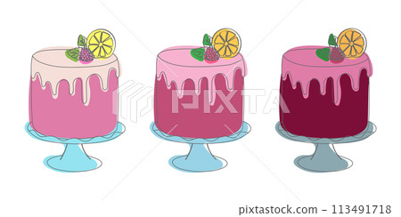 Three cakes of different varieties are displayed with fresh lemon slices on top. Each cake showcases a unique design and flavor, accented by vibrant yellow citrus fruits Three cakes of different varieties are displayed with fresh lemon slices on top. Each cake showcases a unique design and flavor, accented by vibrant yellow citrus fruits 113491718