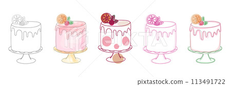 This drawing showcases five distinct types of cakes, each with unique designs and toppings. From classic chocolate cakes to fruity sponge cakes 113491722