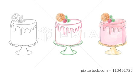 The drawing features three cakes with distinct toppings, showcasing variety and creativity in dessert decoration. Each cake is uniquely adorned with toppings 113491723