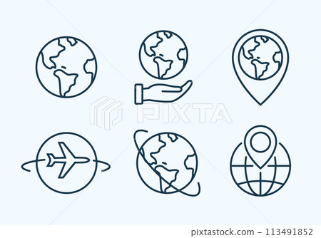 World globe line icon. Vector Earth global country map planet line icon. Travel internet globe set World globe line icon. Vector Earth global country map planet line icon. Travel internet globe set 113491852