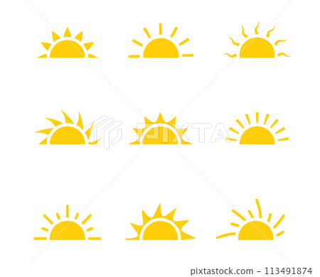 Yellow half sun vector icon logo. Silhouette circle sun summer sunshine collection half sunrise 113491874