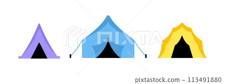 Colorful camping tents. Purple, blue, and yellow tents outdoor camping nature travel hiking Colorful camping tents. Purple, blue, and yellow tents outdoor camping nature travel hiking 113491880