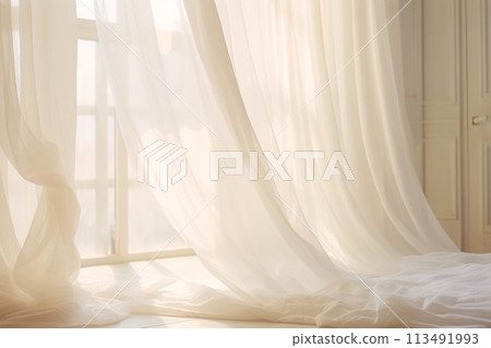 Transparent white curtain tulle from window in bedroom. Sunny morning in white bedroom, fresh air window curtain with sunlight 113491993
