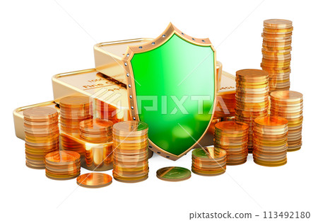 Golden coins and gold ingots with shield. 3D rendering 113492180