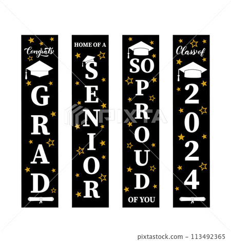 Graduation vertical signs. Graduates class of 2024. Grad party decorations. Vector template. Graduation vertical signs. Graduates class of 2024. Grad party decorations. Vector template. 113492365