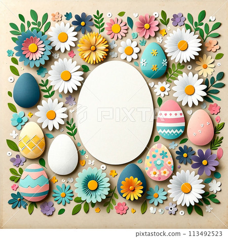 Colorful Easter paper crafts with eggs and flowers on cream background. Creative holiday decoration 113492523