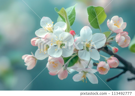 branch of a blossoming apple tree close-up, stock photo, in the style of light pink and dark indigo, minimalistic sketches of nature. Generative AI branch of a blossoming apple tree close-up, stock photo, in the style of light pink and dark indigo, minimalistic sketches of nature. Generative AI 113492777