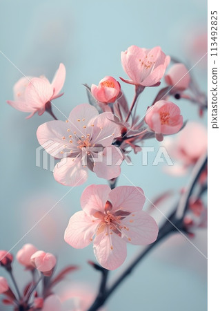 Delicate apple tree blossom in spring, a bee collects pollen, close-up.   Generative AI.  113492825