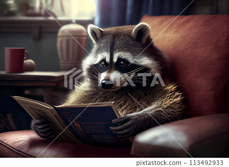 A raccoon lying on the couch reading a book 113492933