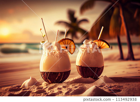 Fresh coconut cocktails on a sandy tropical beach 113492938