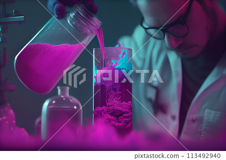 A male chemist holds a test tube of glass in his hand with some pink liquid and pours a new reagent into it. A male chemist holds a test tube of glass in his hand with some pink liquid and pours a new reagent into it. 113492940