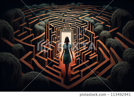 Woman in the labyrinth. The concept of a difficult life path. The high walls of the labyrinth Woman in the labyrinth. The concept of a difficult life path. The high walls of the labyrinth 113492941