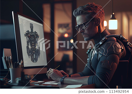 Medium close-up of a young male graphic designer drawing concept art Medium close-up of a young male graphic designer drawing concept art 113492954