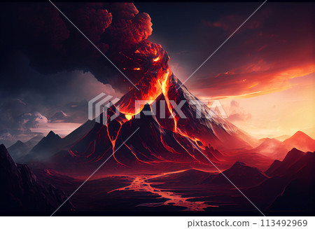 Lava flows from the volcano immediately after the eruption. 113492969