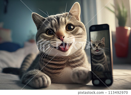 Funny cat taking selfie on smartphone. Animal stick out tongue 113492970