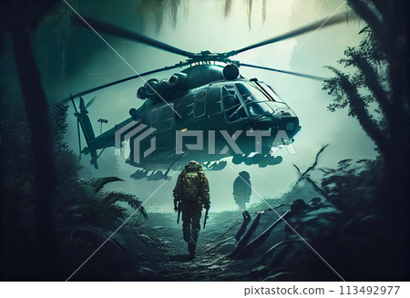 Helicopter soldier was landing in the jungle. 113492977