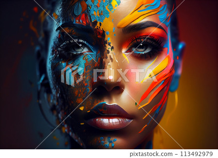 Woman's face painted with bright colors Woman's face painted with bright colors 113492979