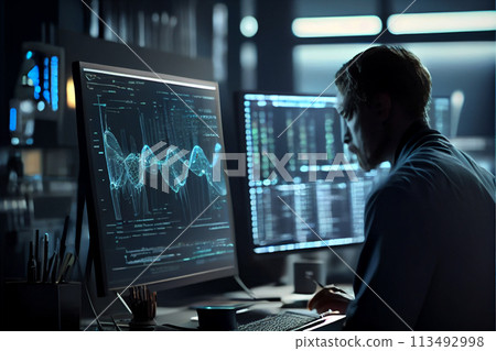 Financial Analyst Working on a Computer with Multi-Monitor Workstation with Real-Time Stocks, Commodities and Exchange Market Charts 113492998
