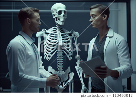 Young male doctor and skeleton patient at the hospi 113493012