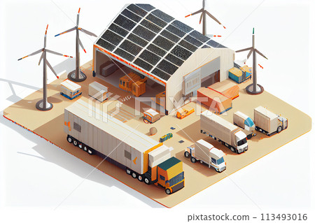 Solar energy logistic Warehouse centre with doors for semi truck loading. Company business cargo transport delivery buildings. Renewable solar electricity energy and windmills. 113493016